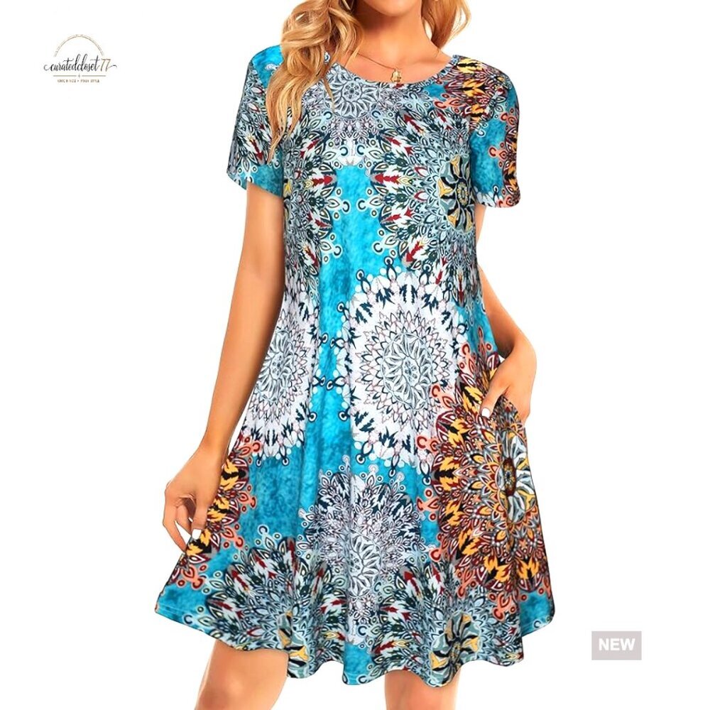 Floral Boho T-Shirt Dress with Pockets, Casual Loose Fit Sundress